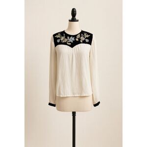 SFERA Collection Cream Blouse with Black Velvet Floral Embroidery – Size M